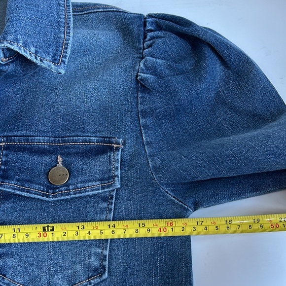 tgla puff long sleeve blue denim jacket shirt cropped raw hem stretch - Picture 15 of 16